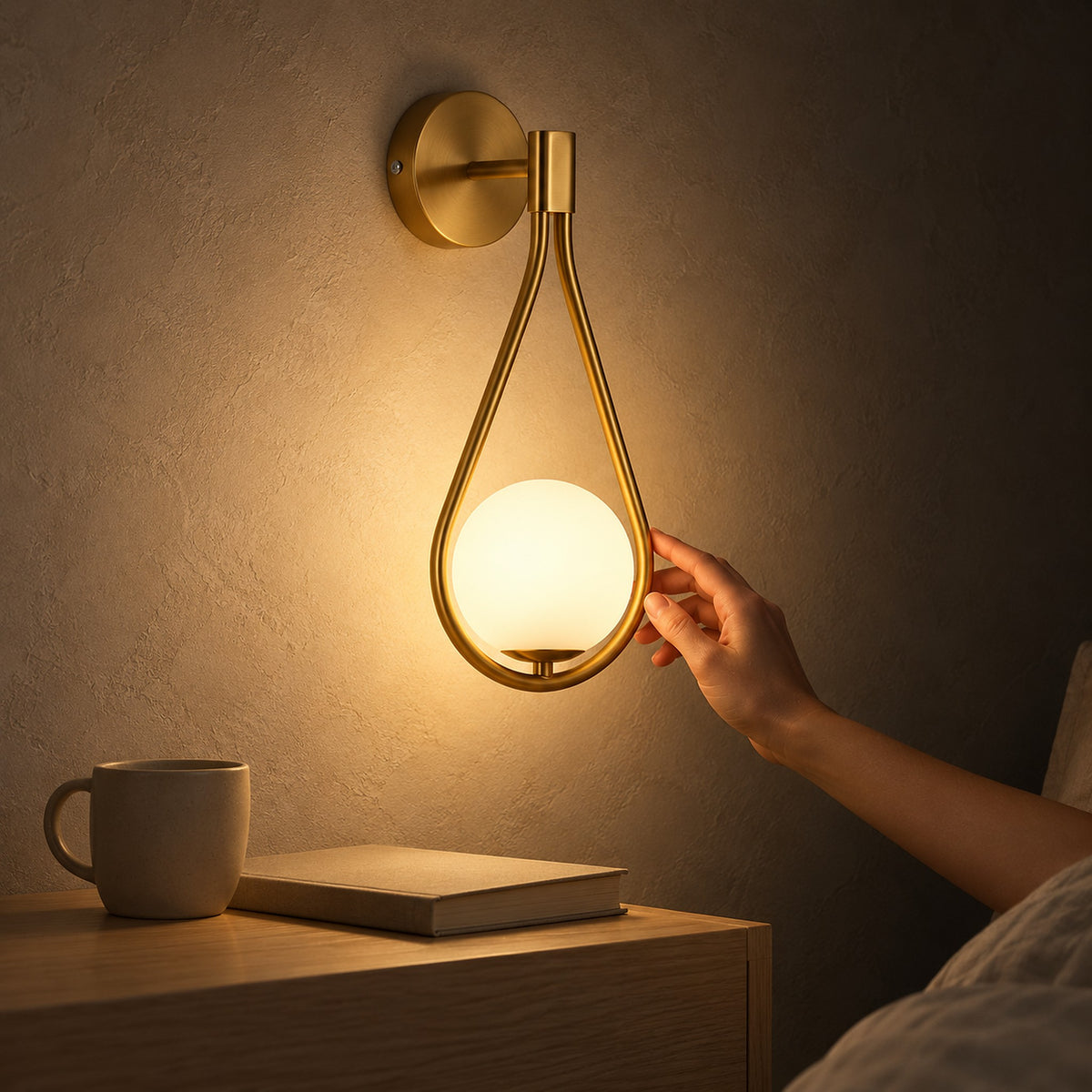 Mesaril gold bedside wall light glowing beside a bed in a bedroom at night
