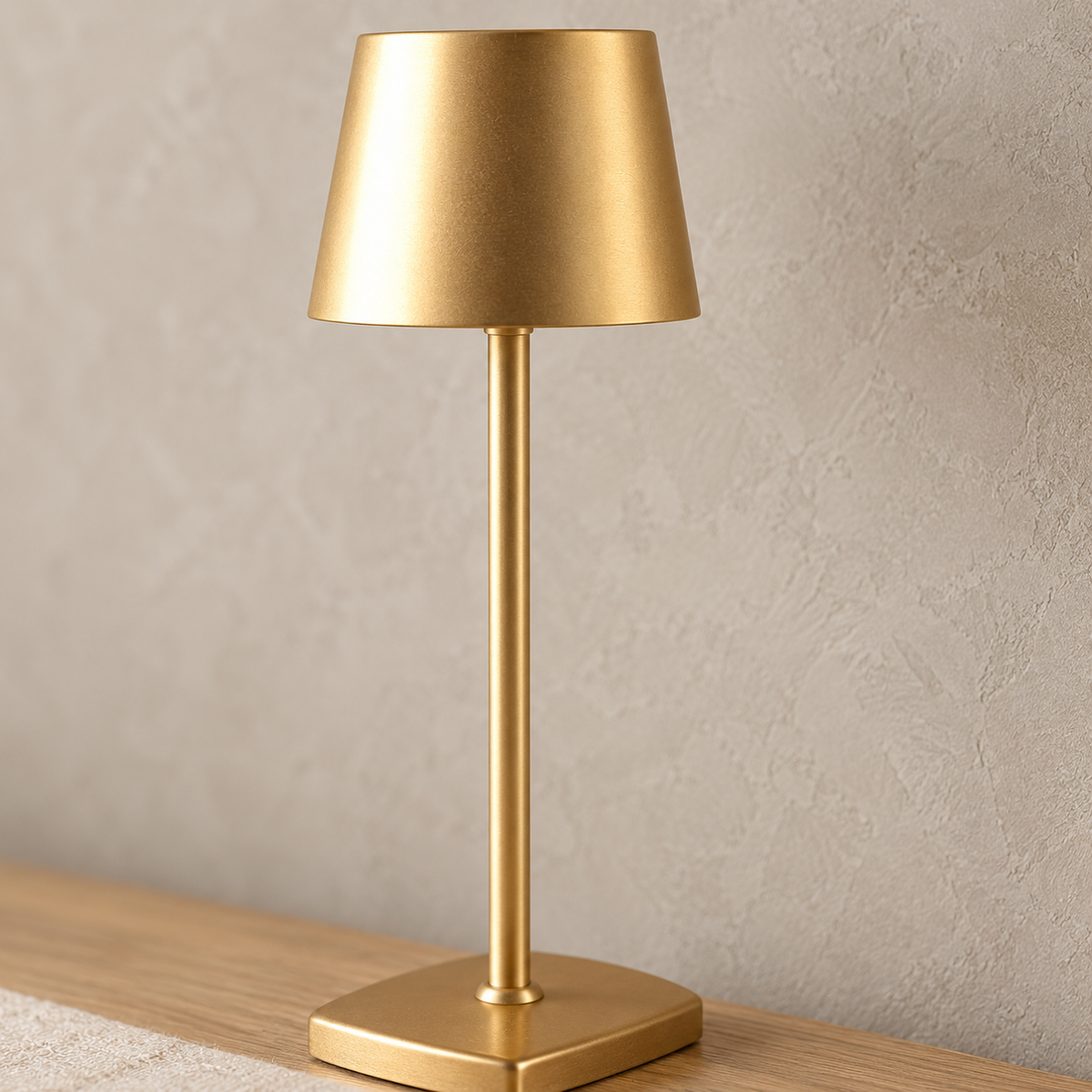 Mevolani gold bedside lamp up close showing its gold colored exterior finish in a dressing room by day
