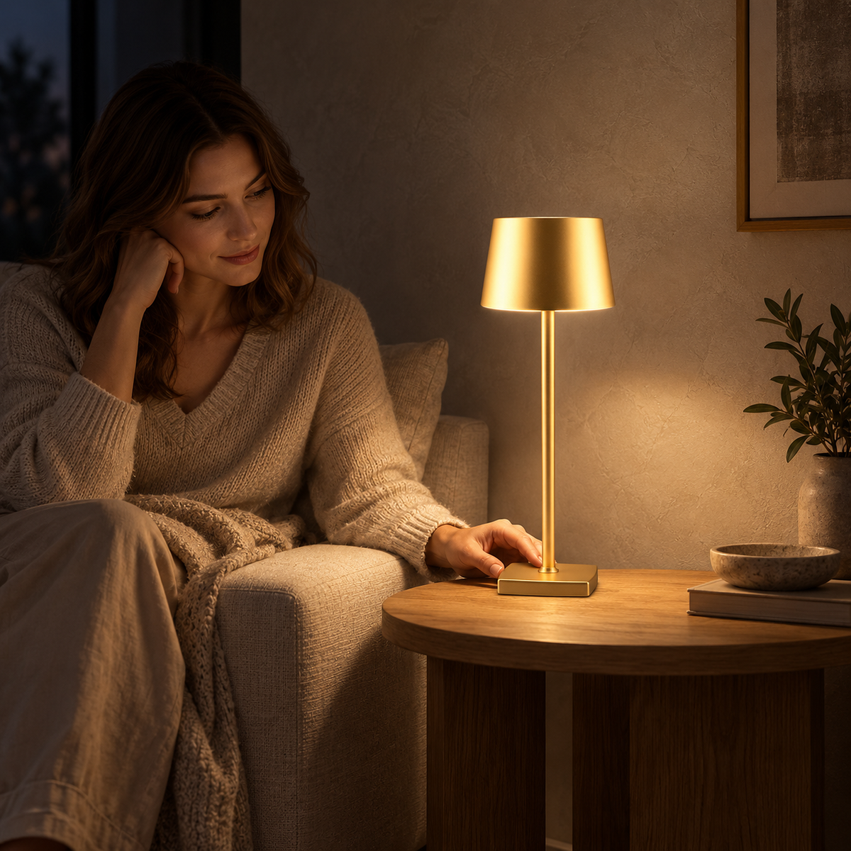 Mevolani gold portable table lamp lighting an occupied sofa corner in a bedroom sitting area at night