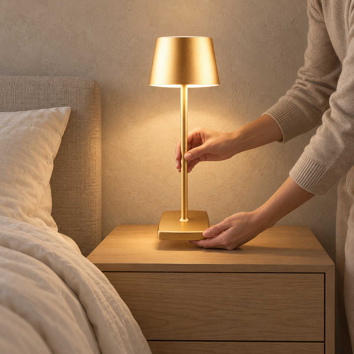 Mevolani gold portable table lamp lit and carried by hand to a bedroom nightstand