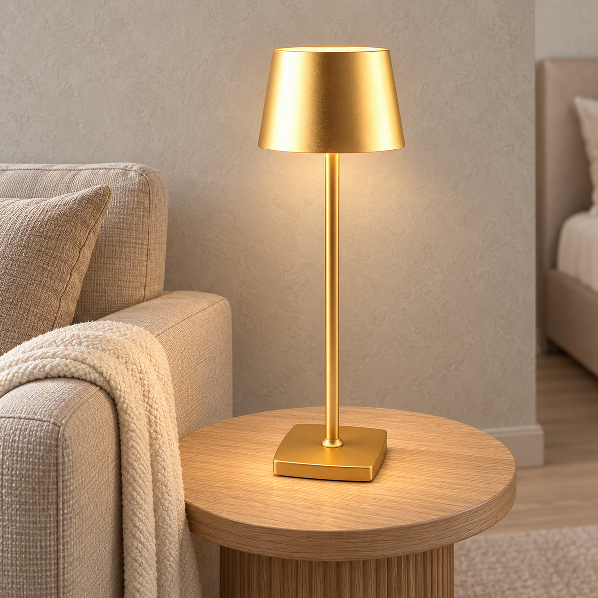Mevolani gold portable table lamp switched on beside a sofa end in a bedroom suite sitting area by day
