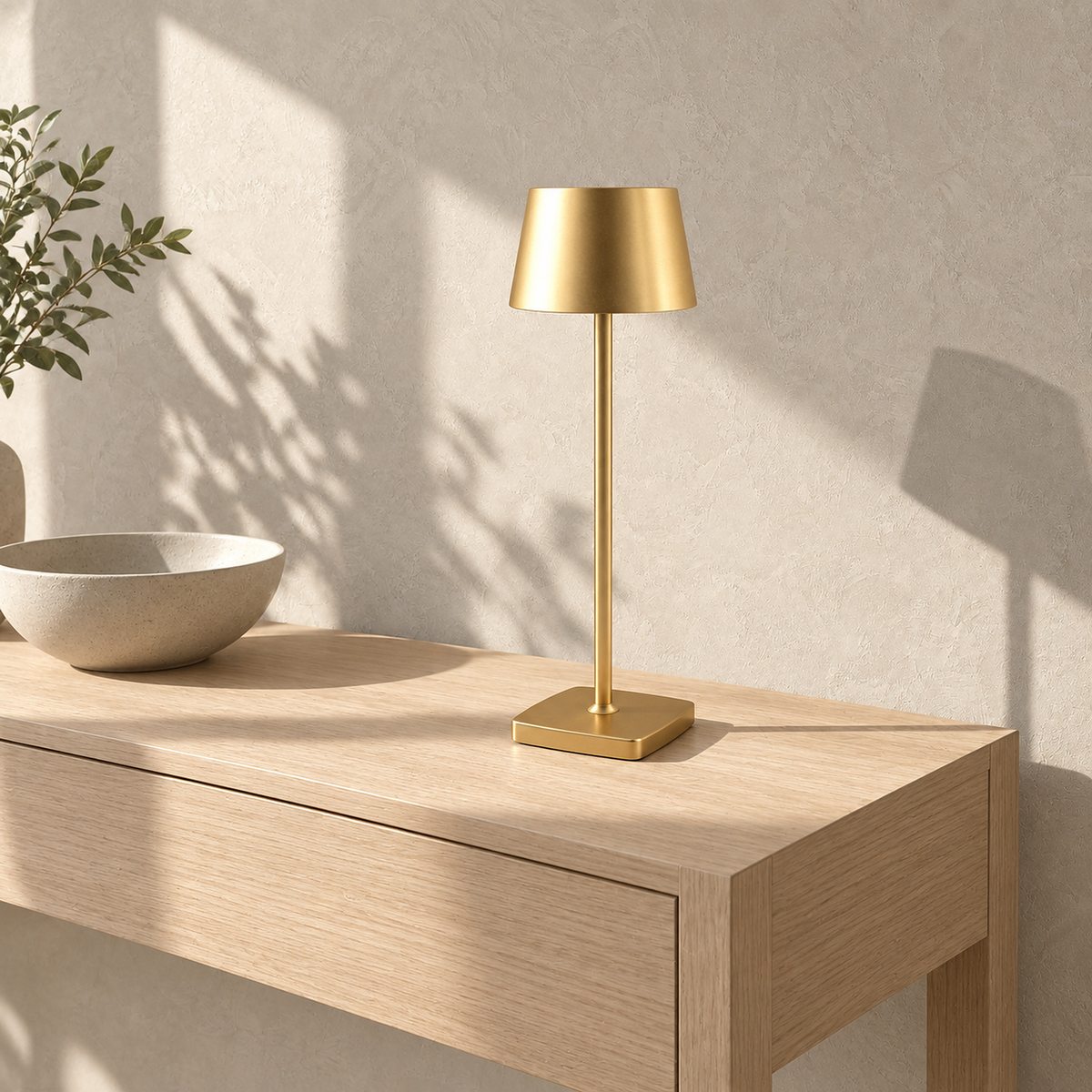 Mevolani gold rechargeable table lamp resting on a sunlit entry hall console