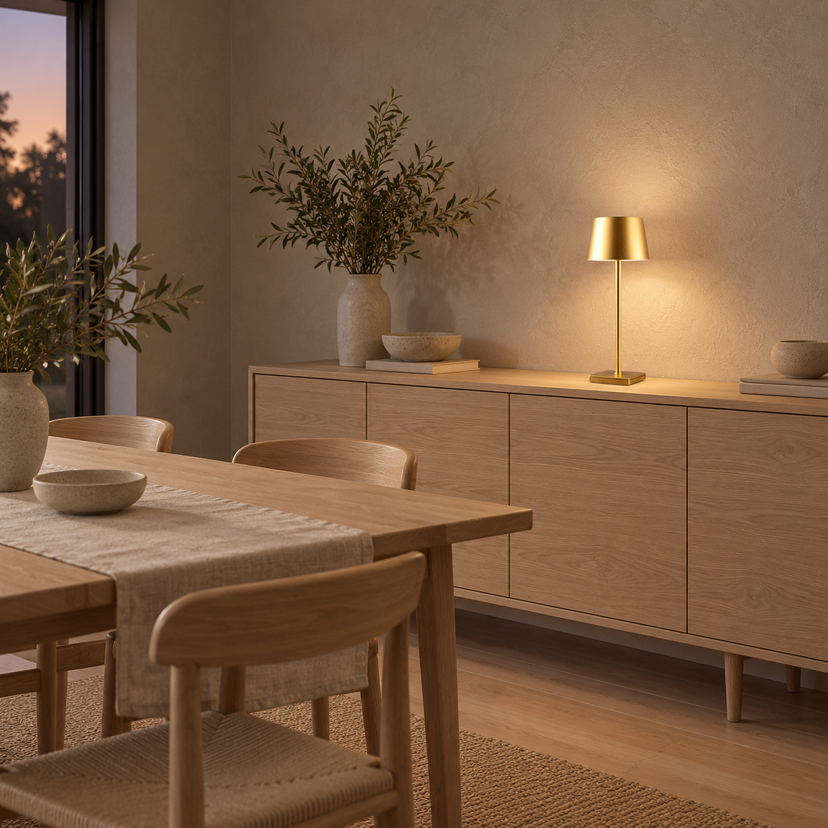Mevolani gold table lamp lit and resting flat on a sideboard in a dining room