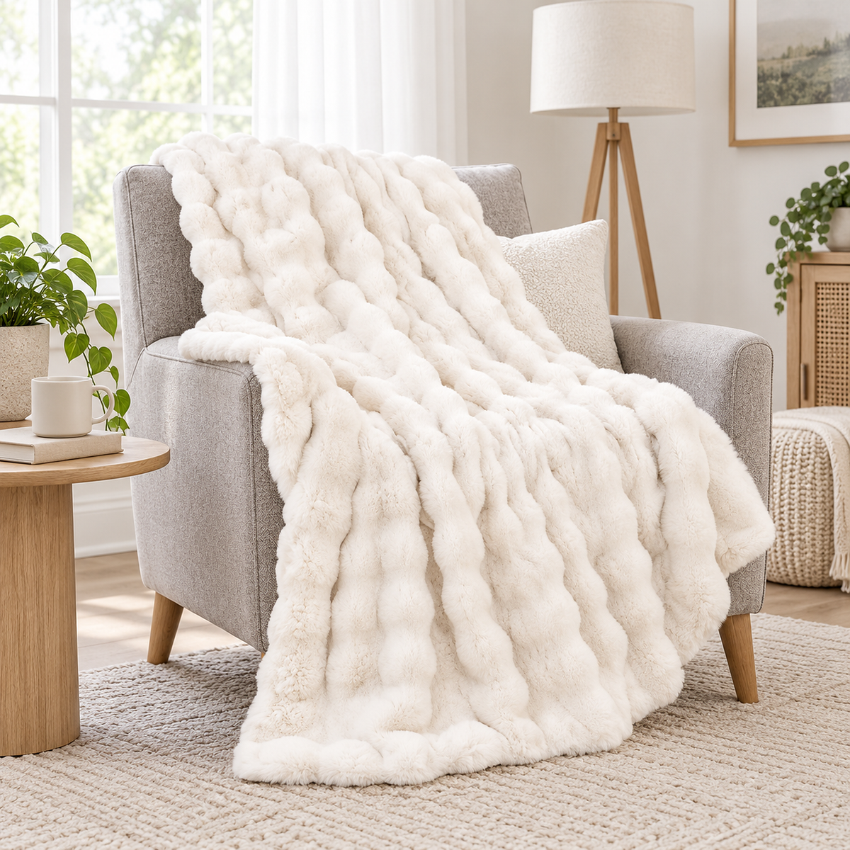 Mevorina cream white soft throw blanket draped to cover a light gray armchair #color_cream white