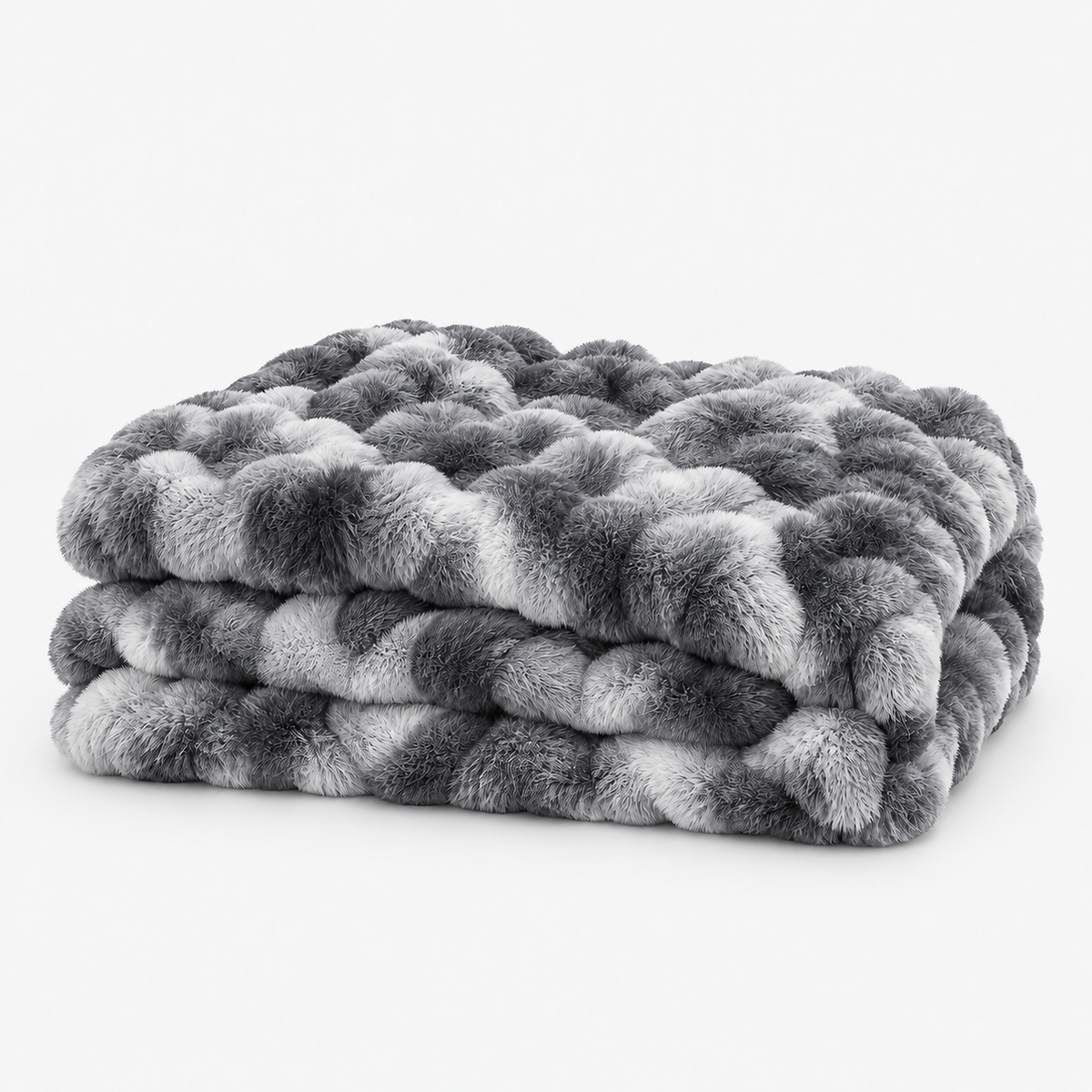 Mevorina gray faux fur throw blanket in gray and white bubble fur loosely folded on white #color_gray