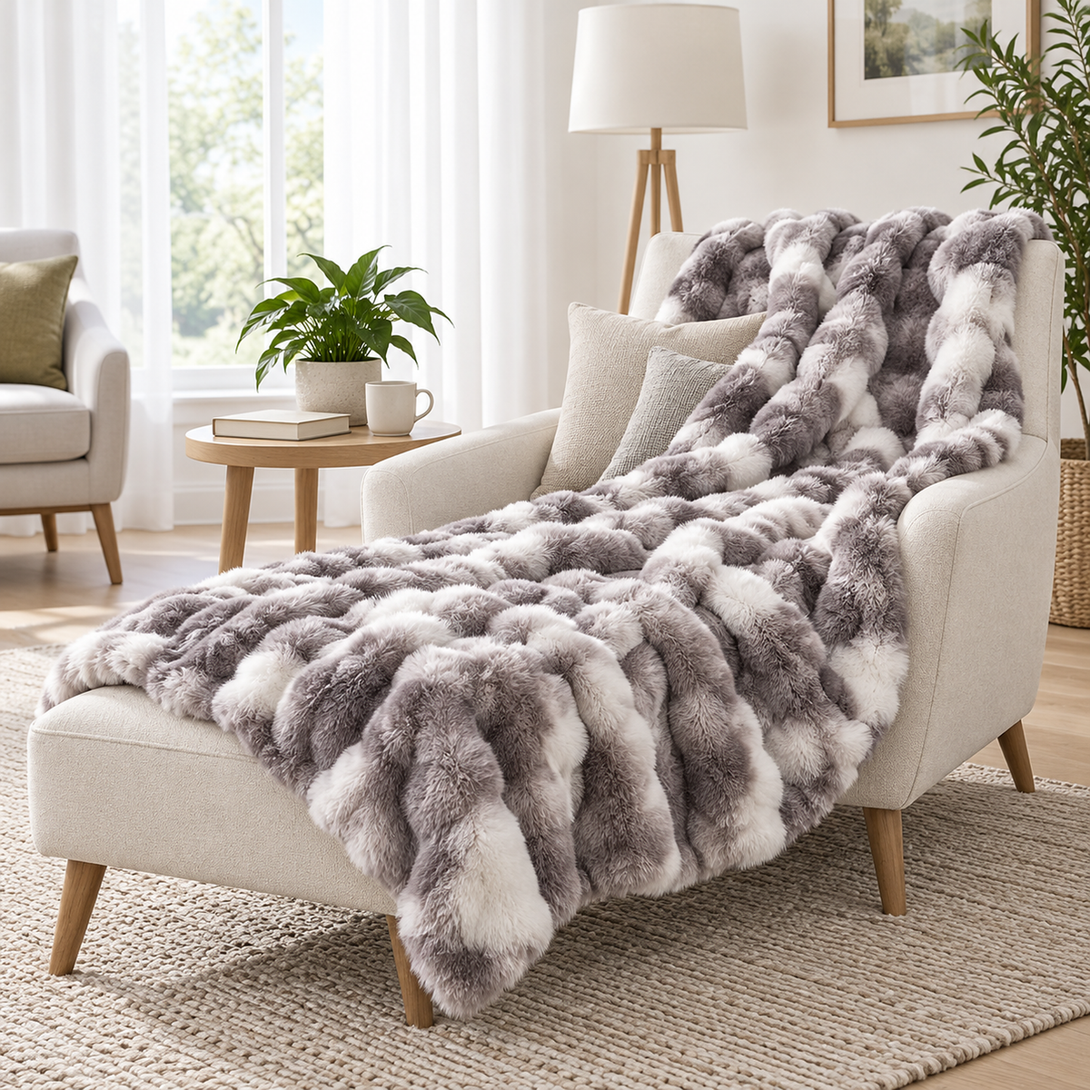 Mevorina gray soft throw blanket laid over a lounge chair and footrest in a quiet corner #color_gray