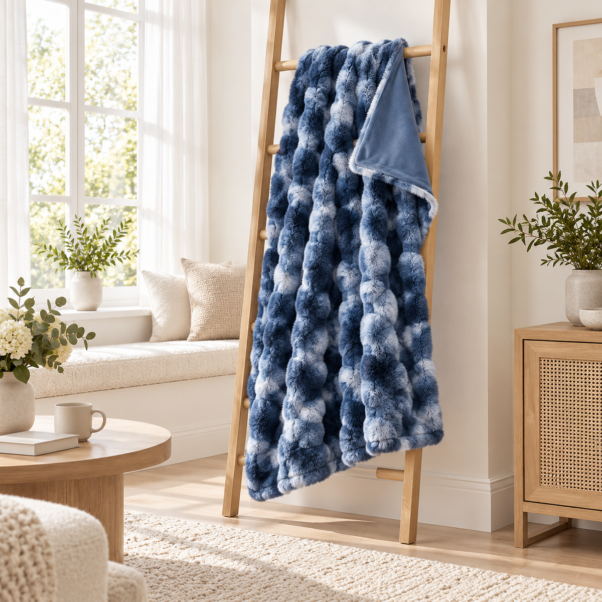 Mevorina tie dye blue fleece throw blanket on a wooden ladder showing its silky micromink reverse