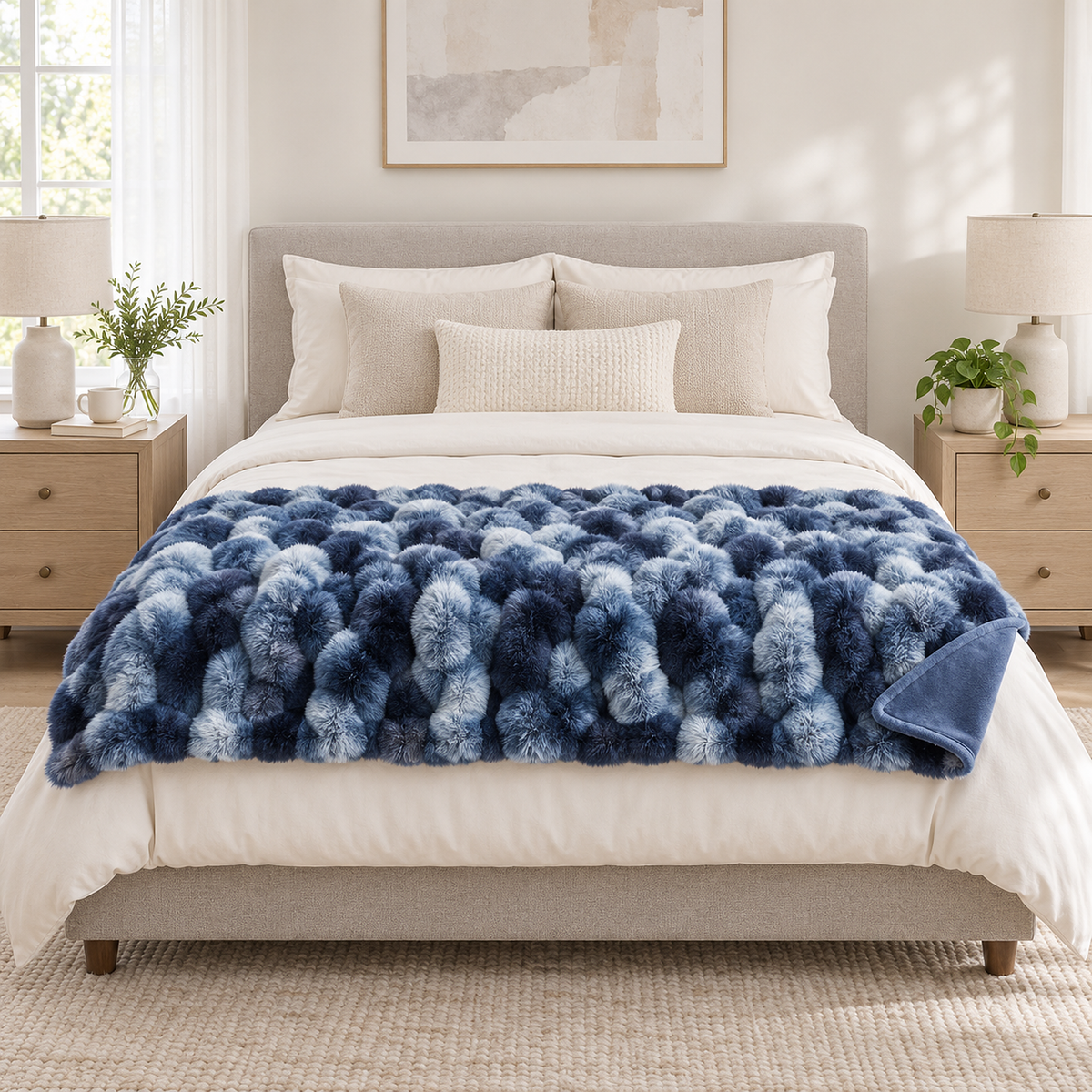 Mevorina tie dye blue plush throw blanket on a made guest bed with a bubble textured faux fur face