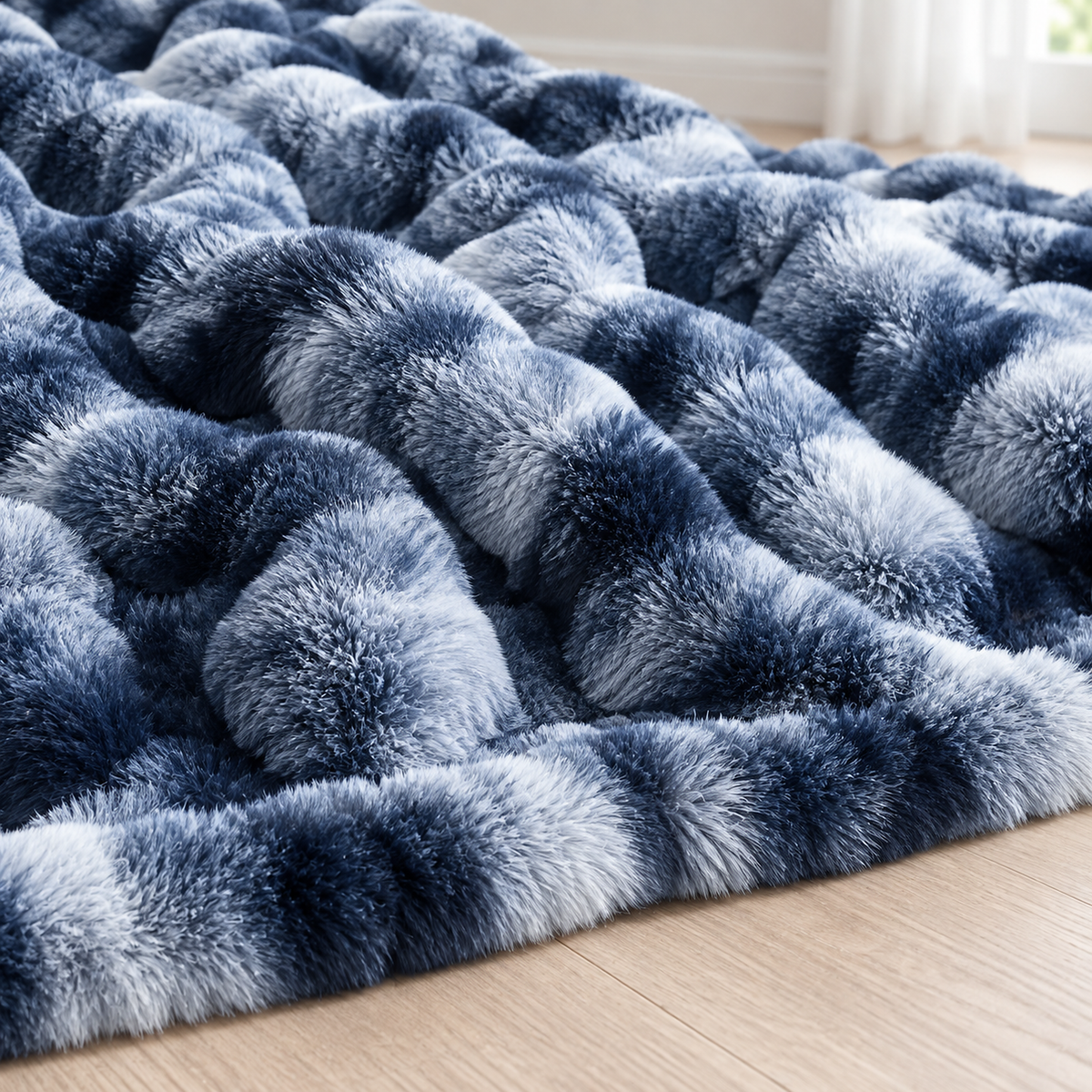 Mevorina tie dye blue plush throw blanket up close showing raised fur bubbles and low channels