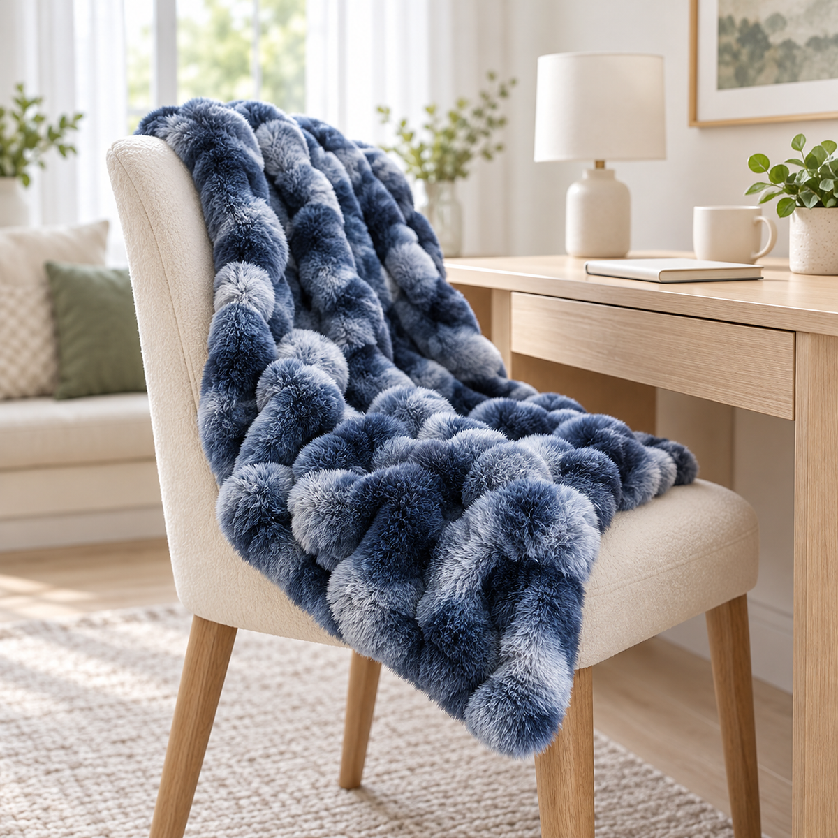 Mevorina tie dye blue throw blanket corner with a double hemmed edge and fur covering the perimeter