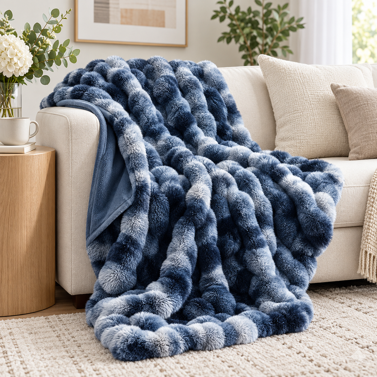 Mevorina tie dye blue throw blanket for couch draped over an ivory sofa arm in a living room