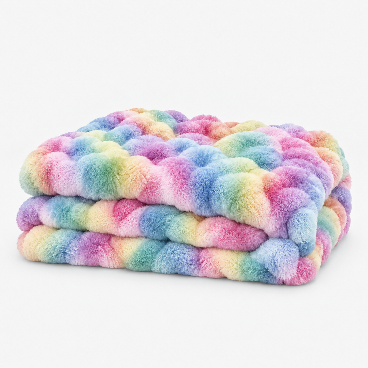 Mevorina tie dye rainbow plush throw blanket in pastel shades stacked loosely on white #color_tie-dye rainbow