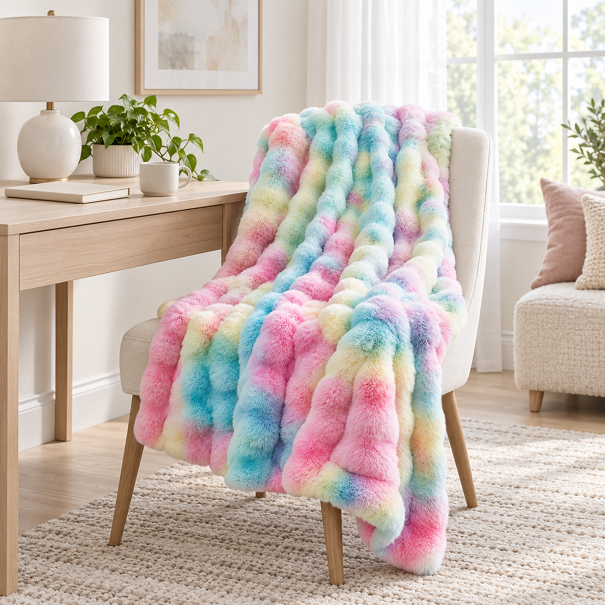 Mevorina tie dye rainbow throw blanket draped over a chair in a writing corner #color_tie-dye rainbow