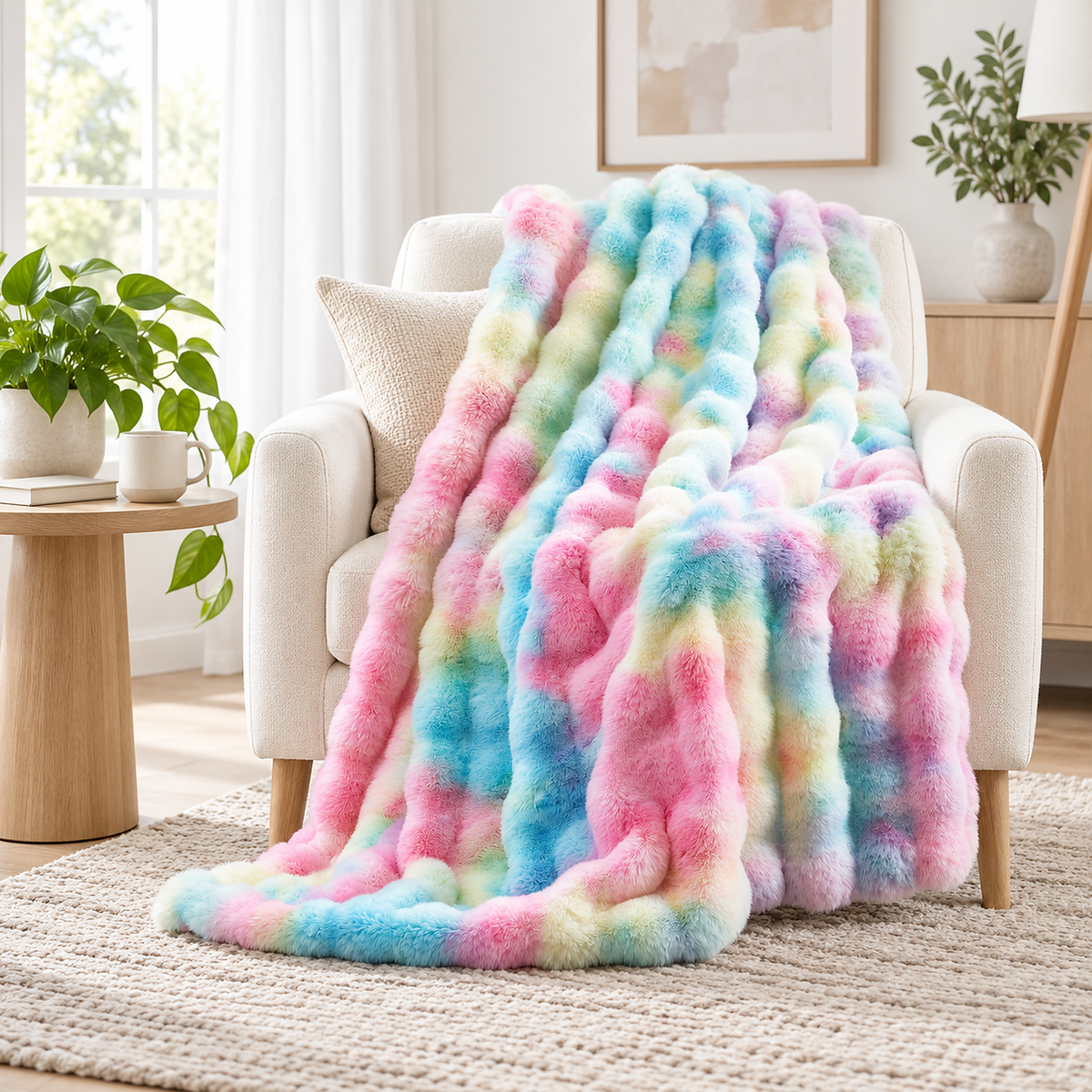 Mevorina tie dye rainbow throw blanket for couch with bubble fur draped over an ivory armchair #color_tie-dye rainbow
