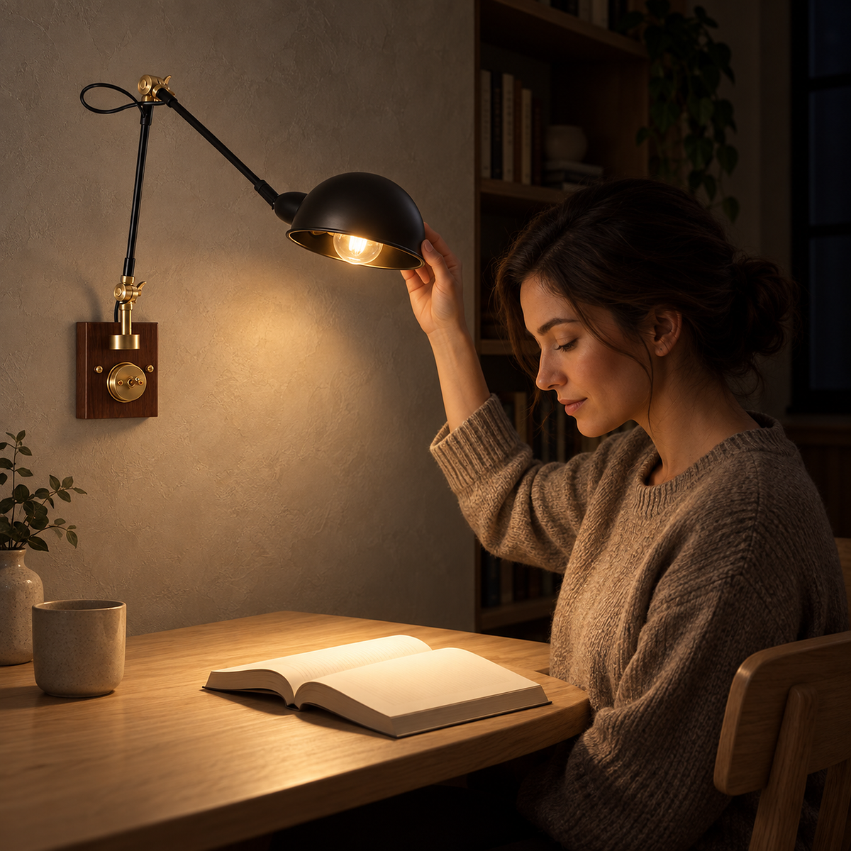 Milorena walnut color and black bedside wall light aimed onto an open book as someone reads