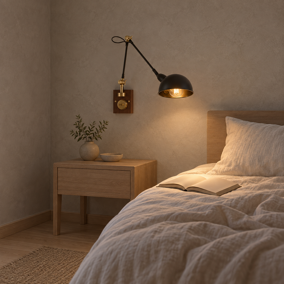 Milorena walnut color and black bedside wall light pointed at an open book in a bedroom