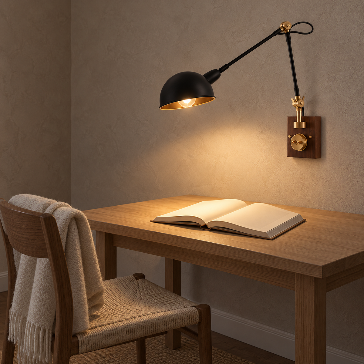 Milorena walnut color and black bedside wall light with its swing arm reaching over a book