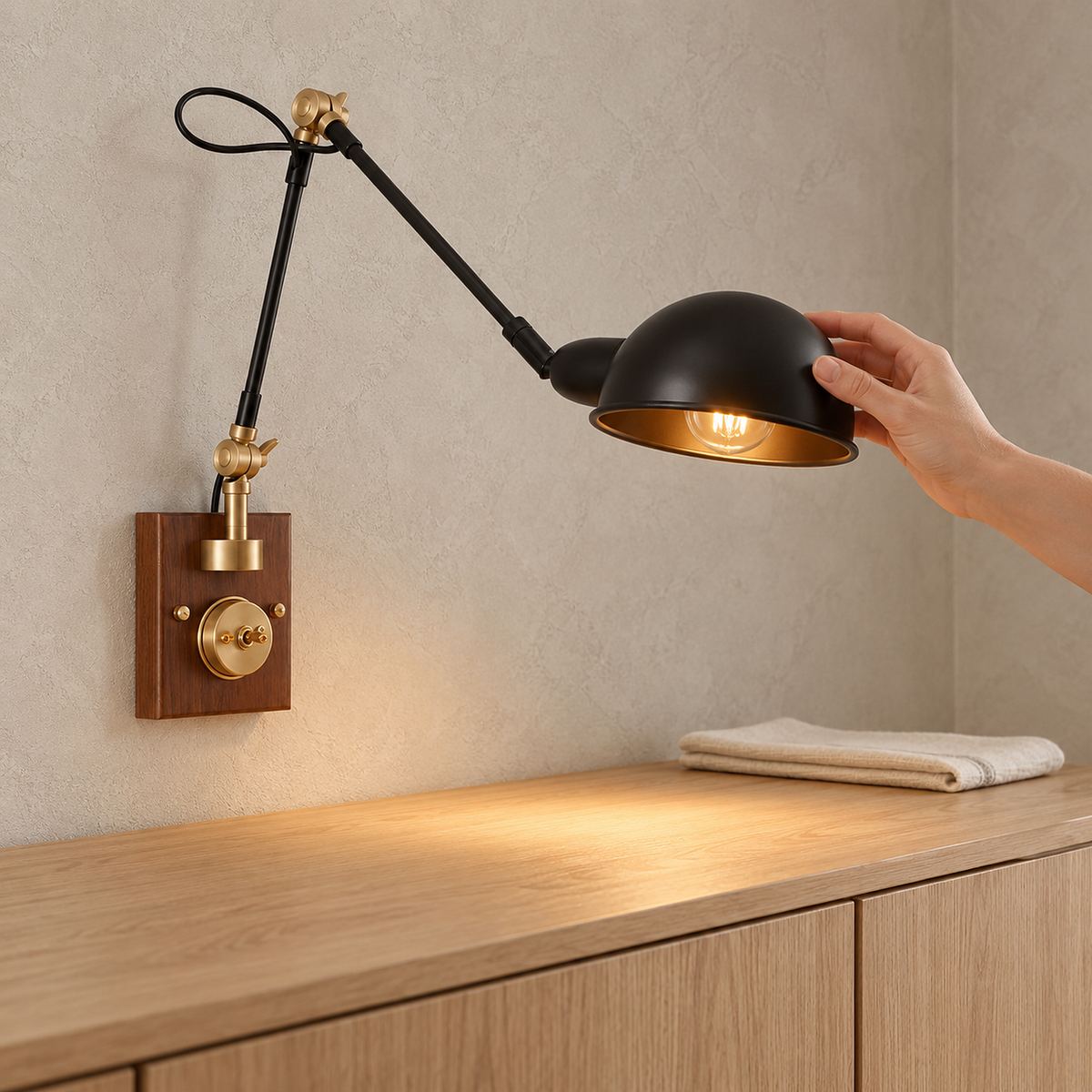 Milorena walnut color and black wall lamp with a hand turning its rotating shade