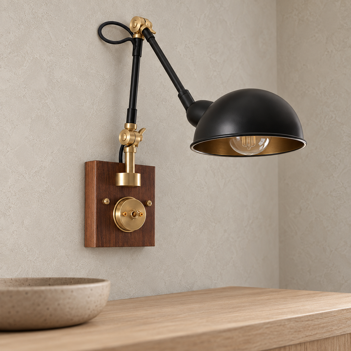 Milorena walnut color and black wall light close up on the shade underside and walnut wood grain
