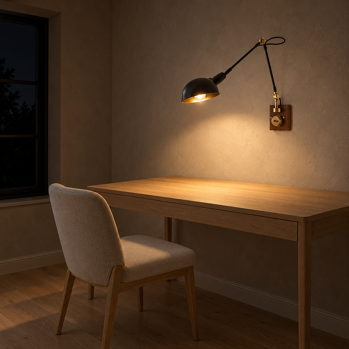 Milorena walnut color and black wall light lighting a clear desk in a home office at night
