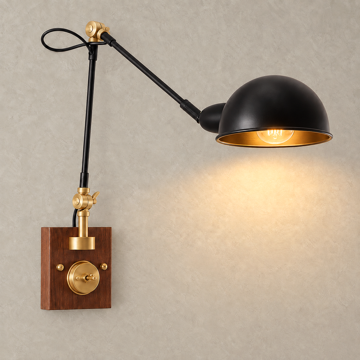 Milorena walnut color and black wall sconce switched on with its dome shade glowing