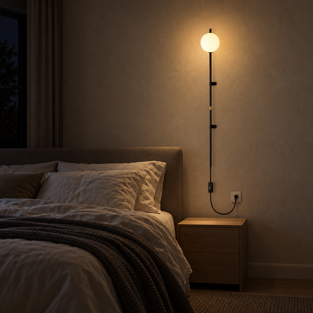 Milorsa black led wall sconce lighting plaster and bedding beside the bed in a guest bedroom after dark