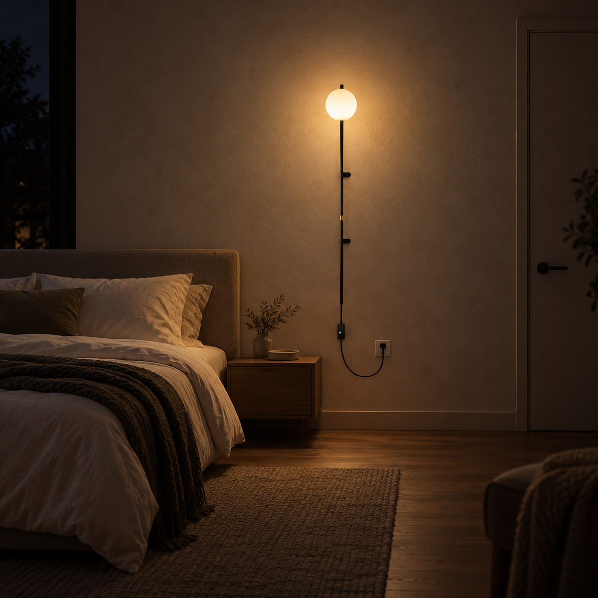 Milorsa black plug in wall light glowing in a bedroom at night, powered from a household outlet