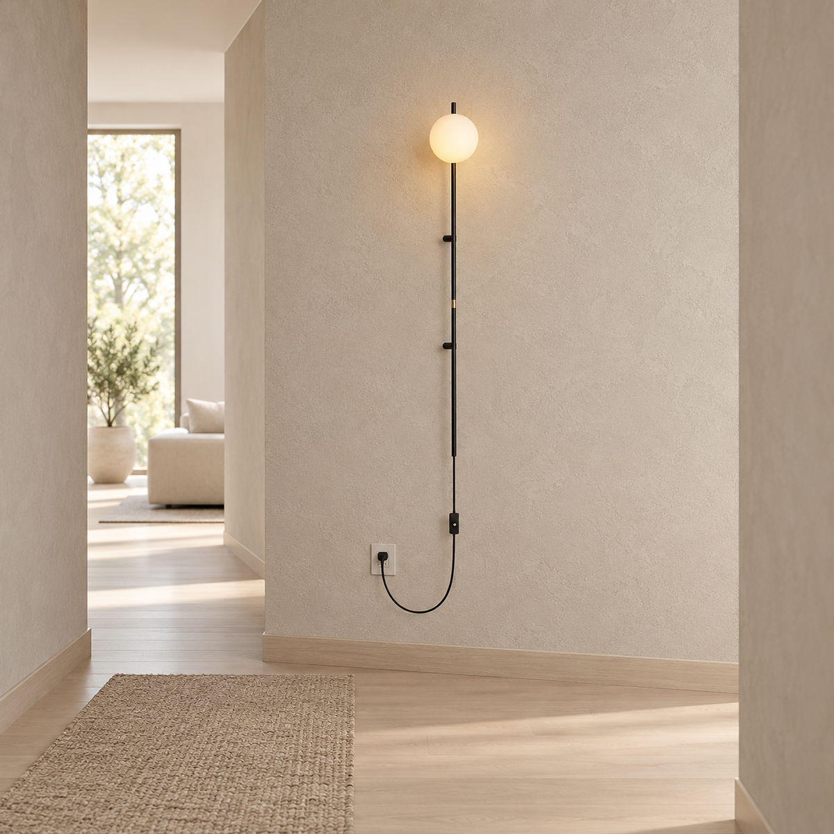 Milorsa black plug in wall sconce lit in a hallway, leaving the floor below clear
