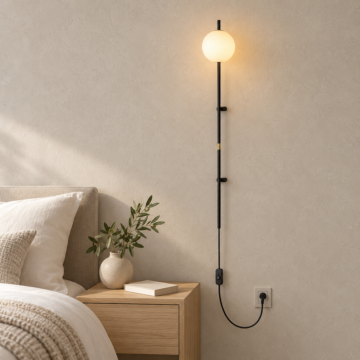 Milorsa black wall lamp glowing beside a guest bed in a bright guest bedroom