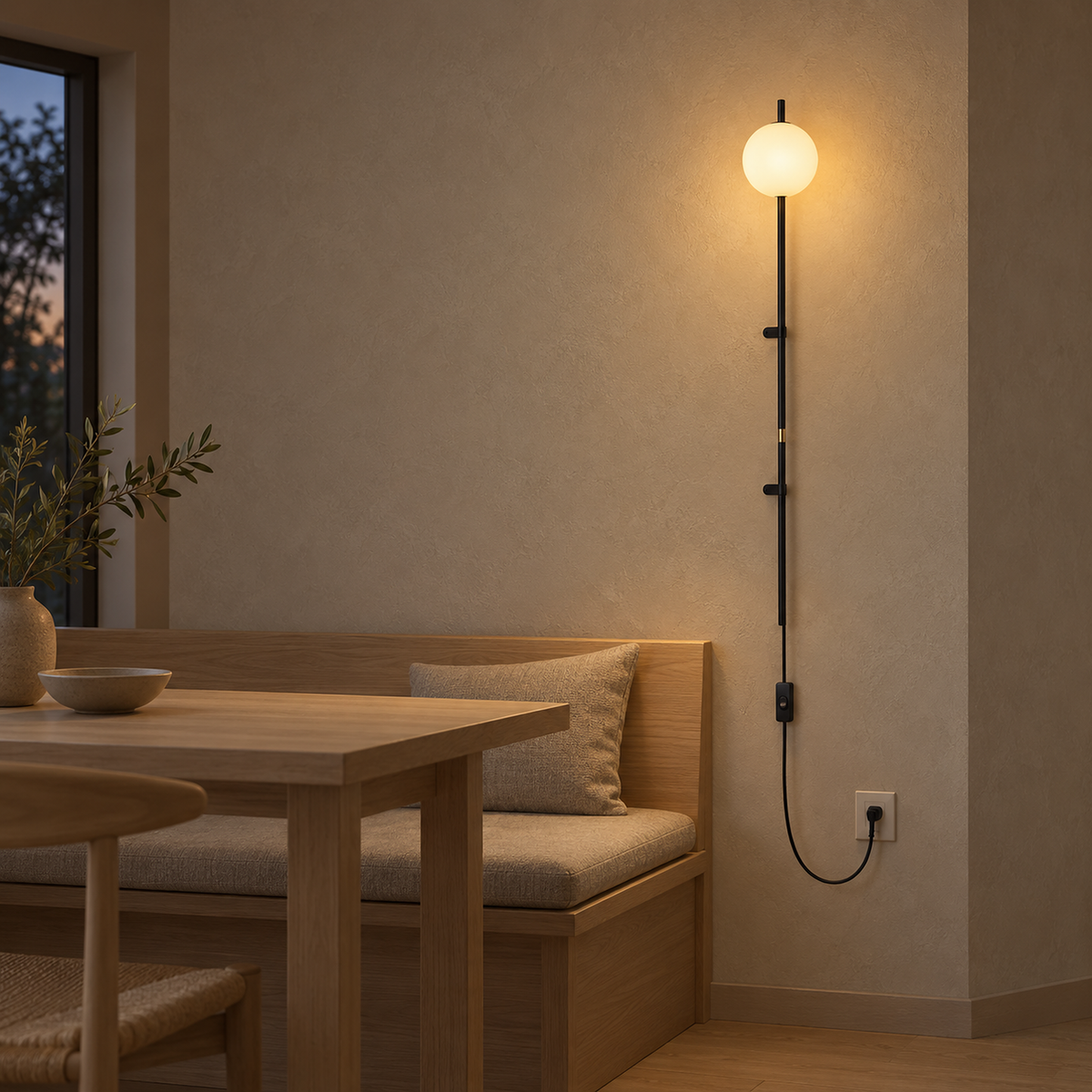 Milorsa black wall light glowing beside a breakfast bench in a sunlit nook