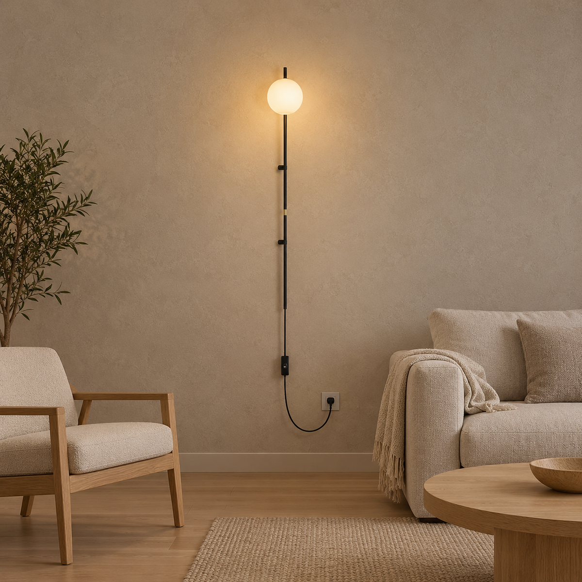 Milorsa black wall light with a frosted glass ball spreading soft light across a living room