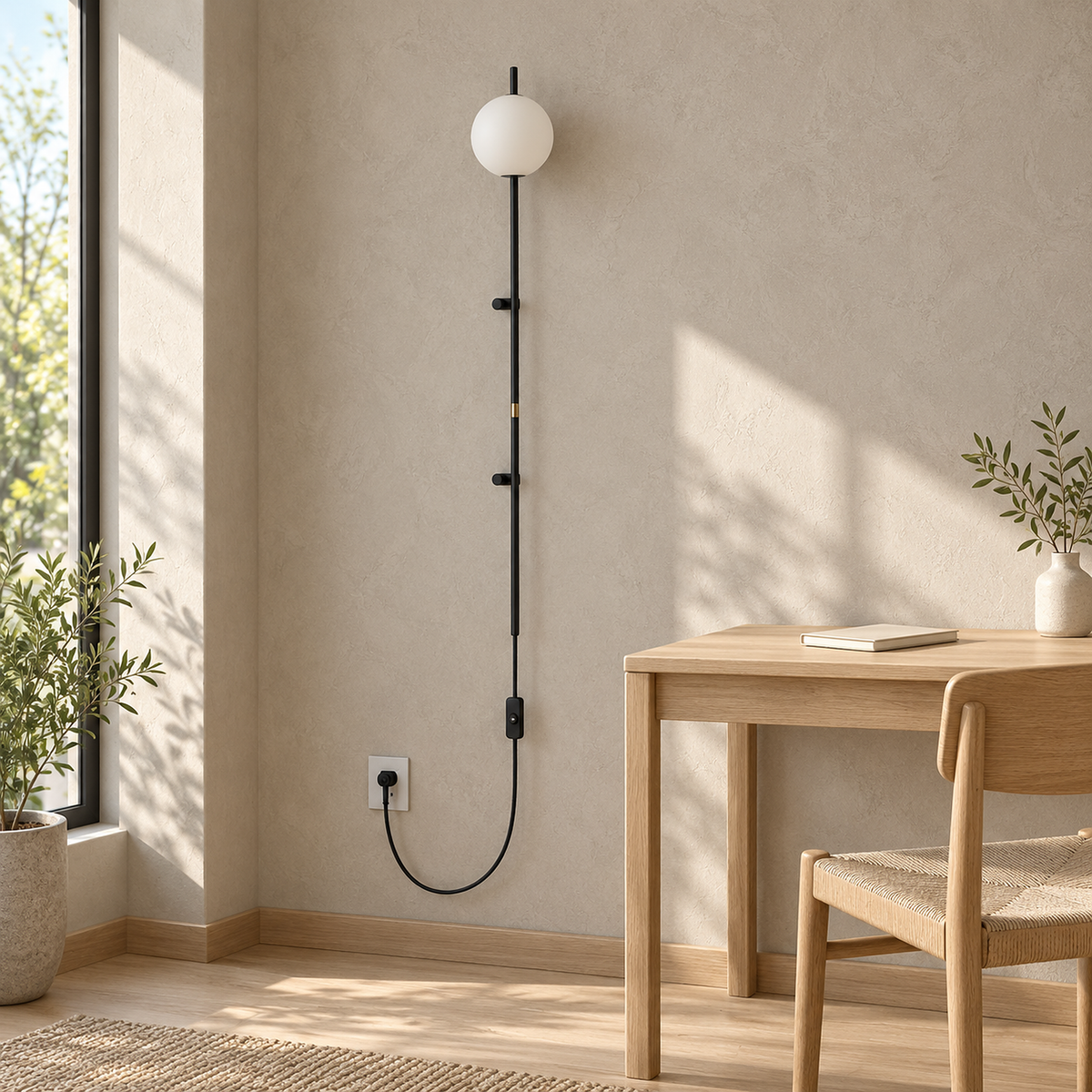 Milorsa black wall sconce unlit beside a writing table in a daylit study