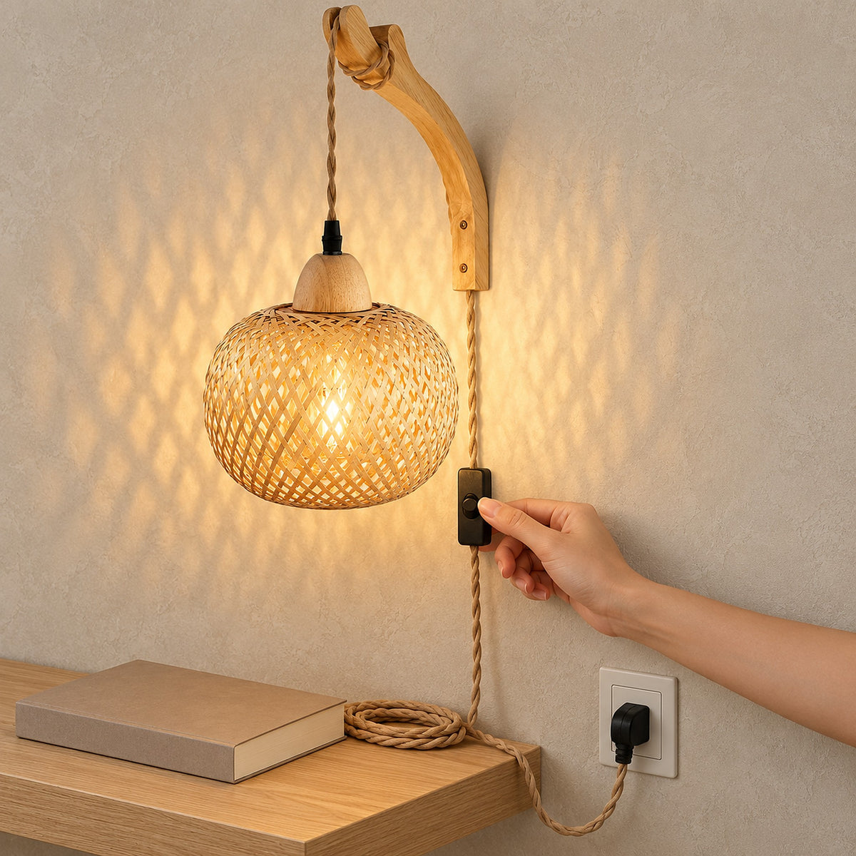 Milsoren bamboo plug in wall light in a hallway, its cord running to a wall outlet