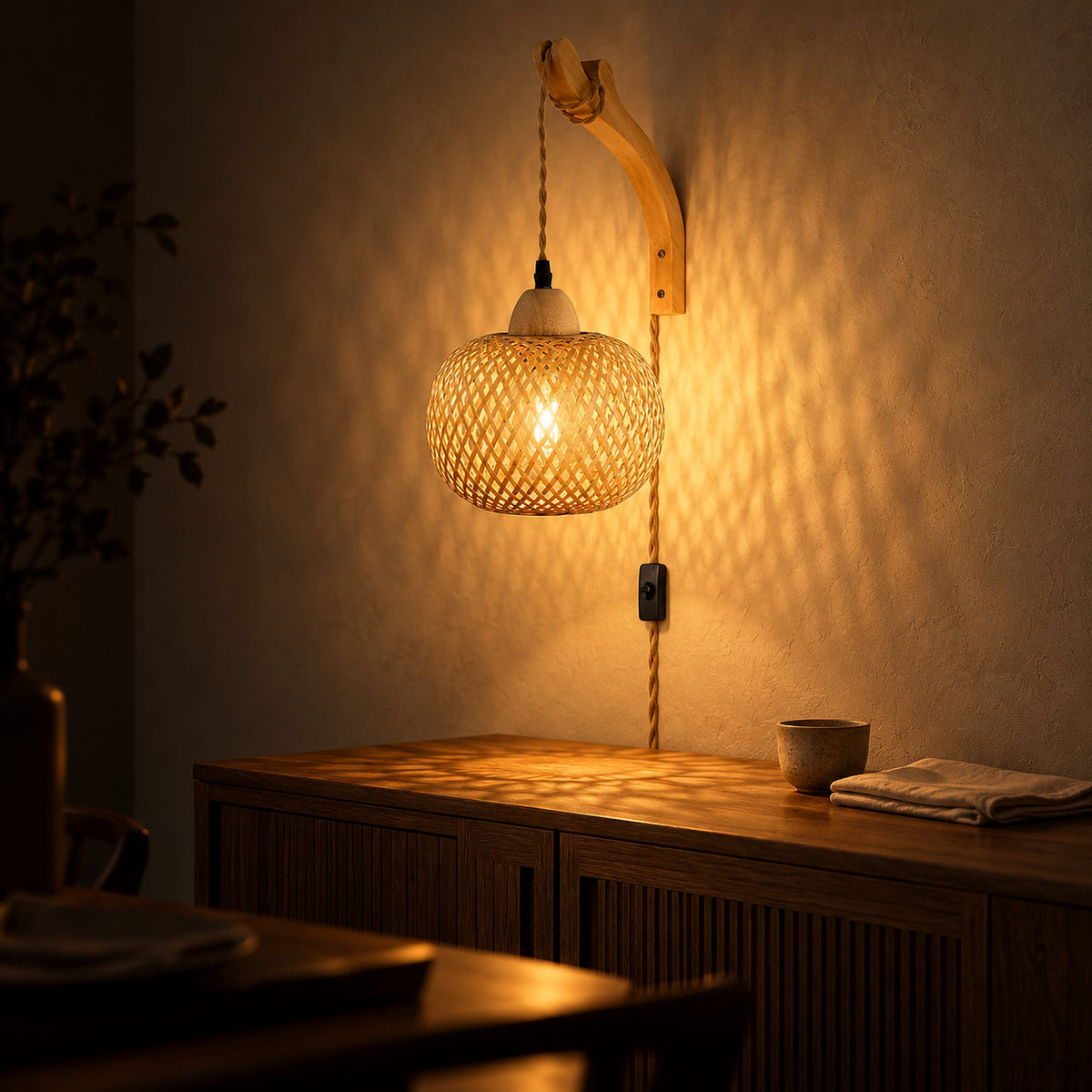 Milsoren bamboo plug in wall light lit in a dining room at night, with the knob switch on the cord