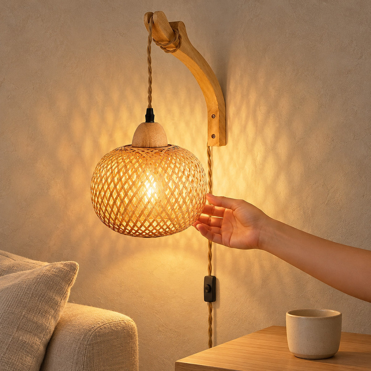 Milsoren bamboo plug in wall sconce lit in a living room with its plug cord in view