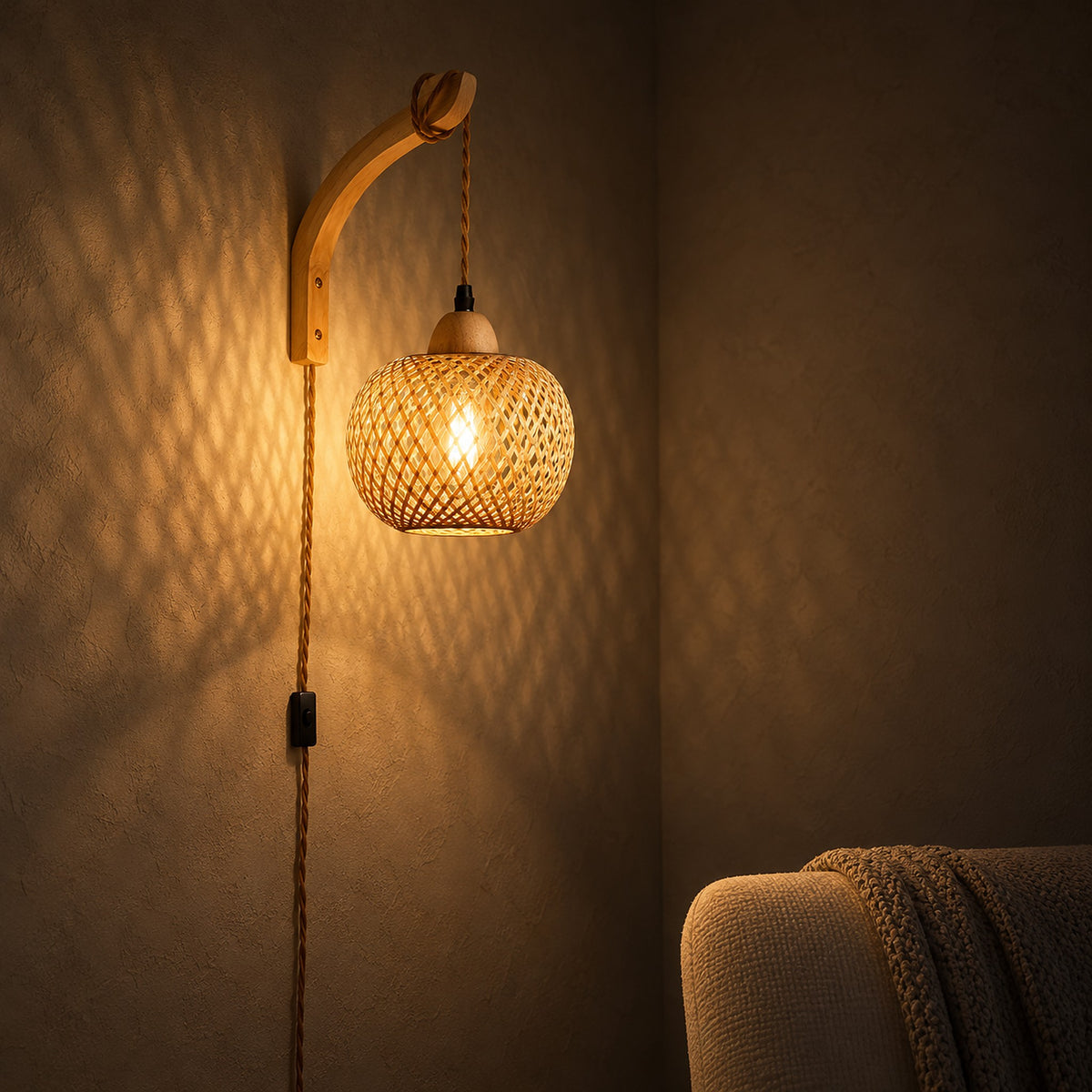 Milsoren bamboo wall light casting woven shadows across a reading corner at night