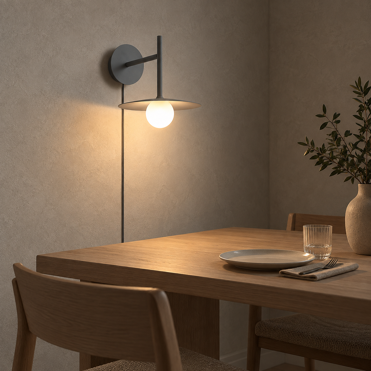 Milvaro gray plug in wall sconce lighting the dining plaster above an open empty tabletop #color_gray