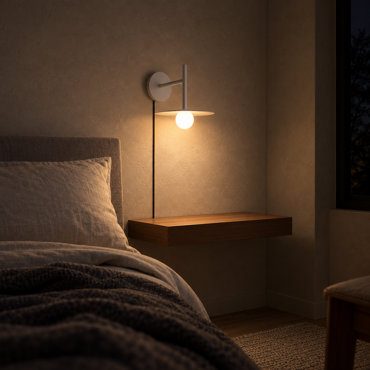Milvaro white bedside lamp softly lighting a pillow and an empty ledge at night