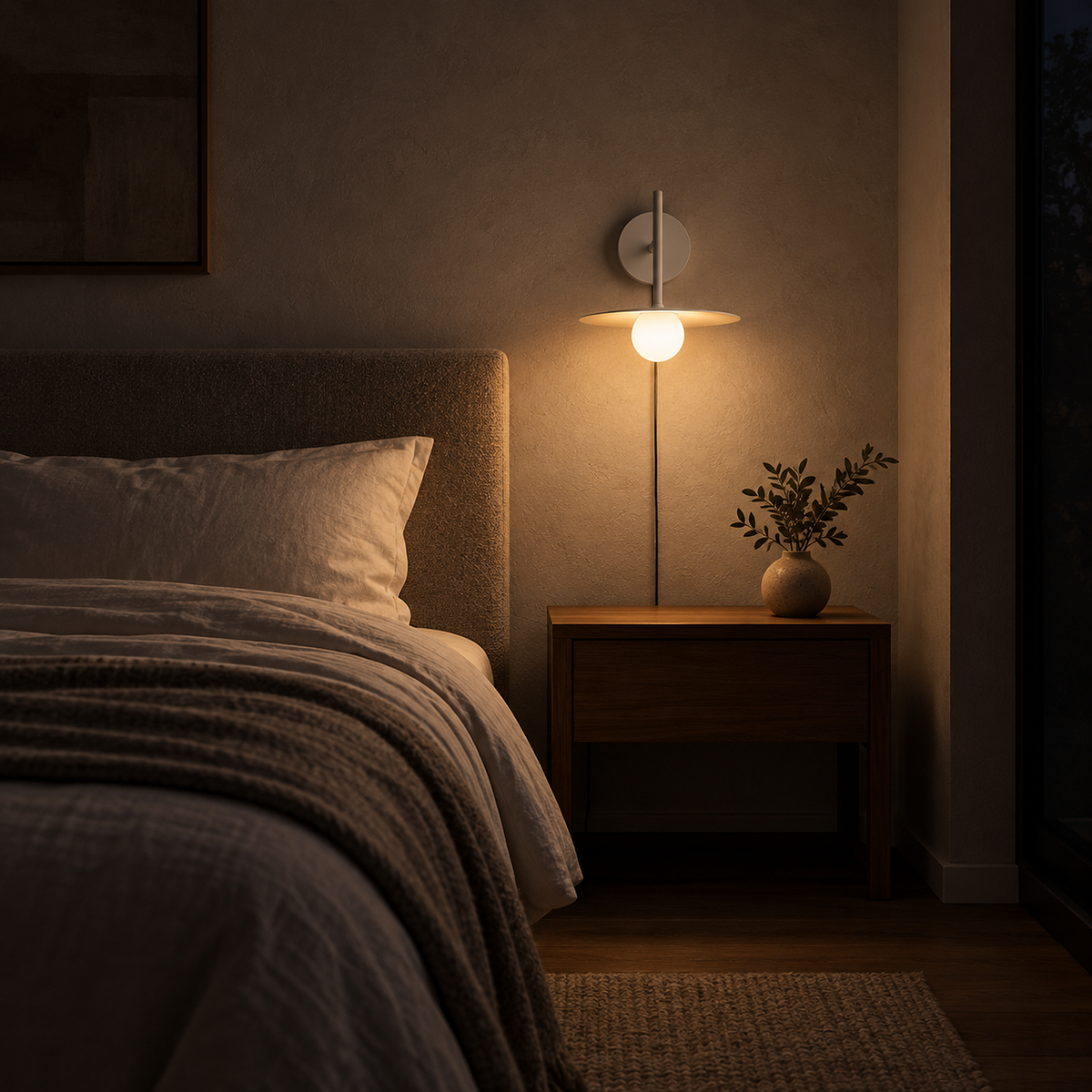 Milvaro white bedside lamp spreading soft light across a bedroom headboard at night