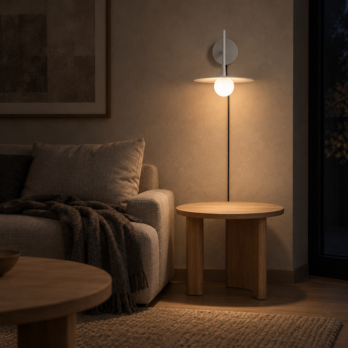 Milvaro white wall sconce casting soft evening light beside the den sofa