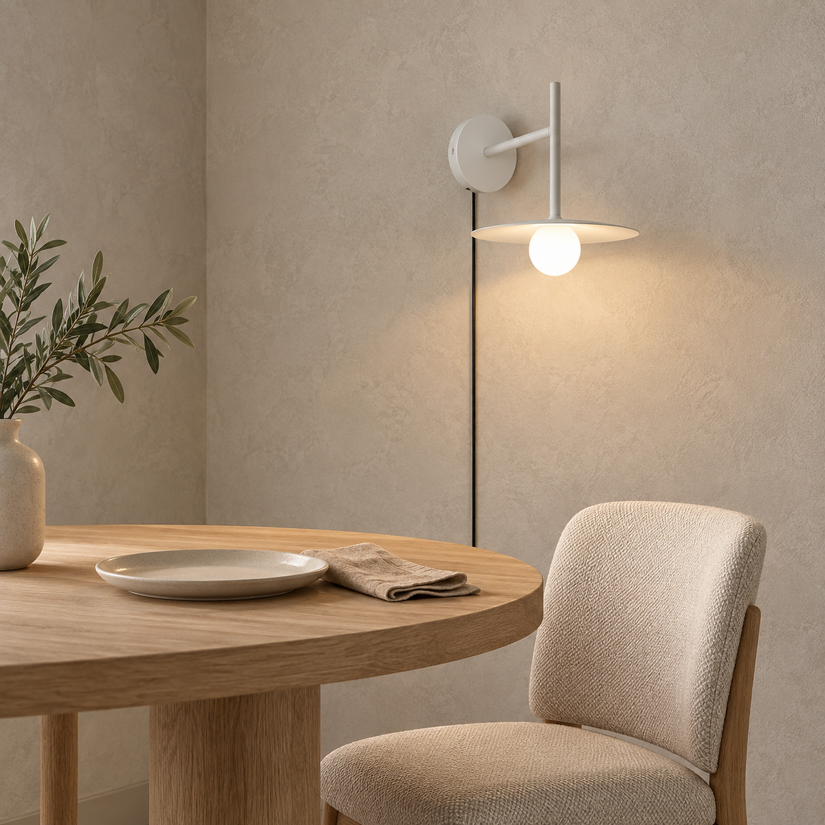 Milvaro white wall sconce lit and scaled against the dining nook furniture by day