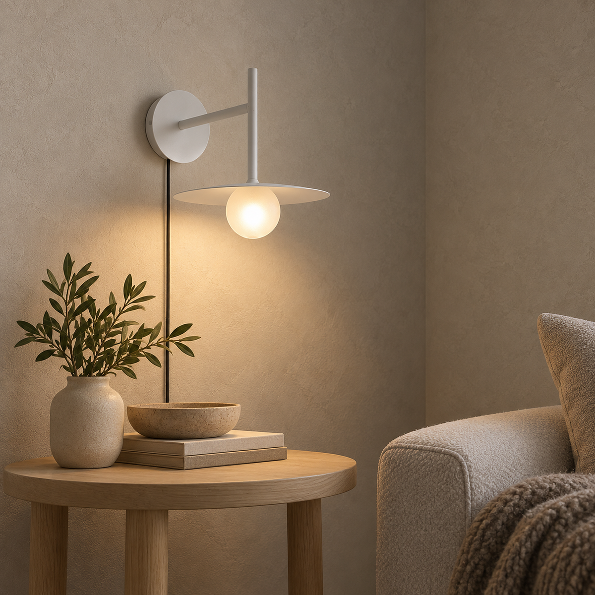 Milvaro white plug in wall sconce side view showing the fixed arm and the glass globe