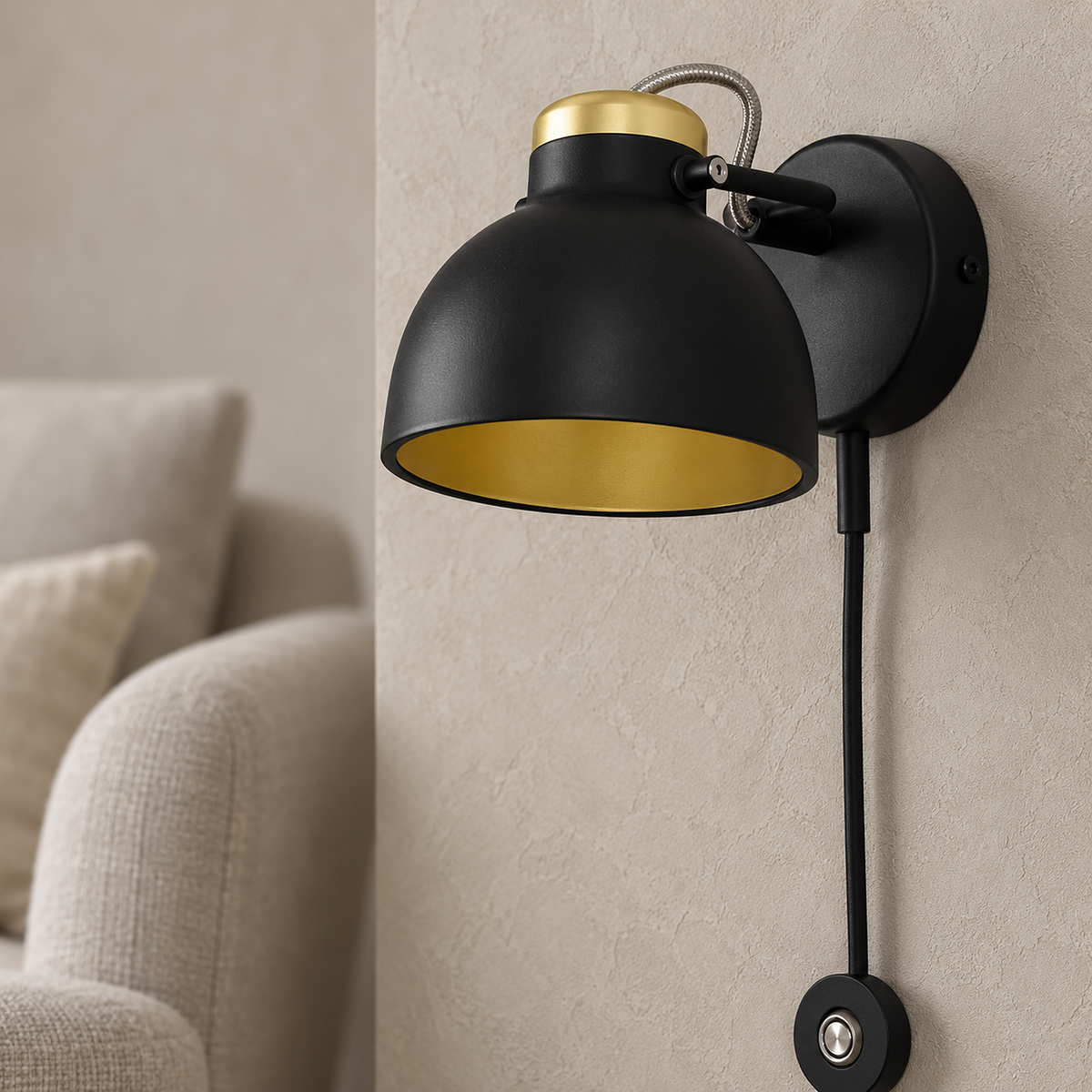 Miralote black wall sconce close up showing the 14 cm shade and the collar above it