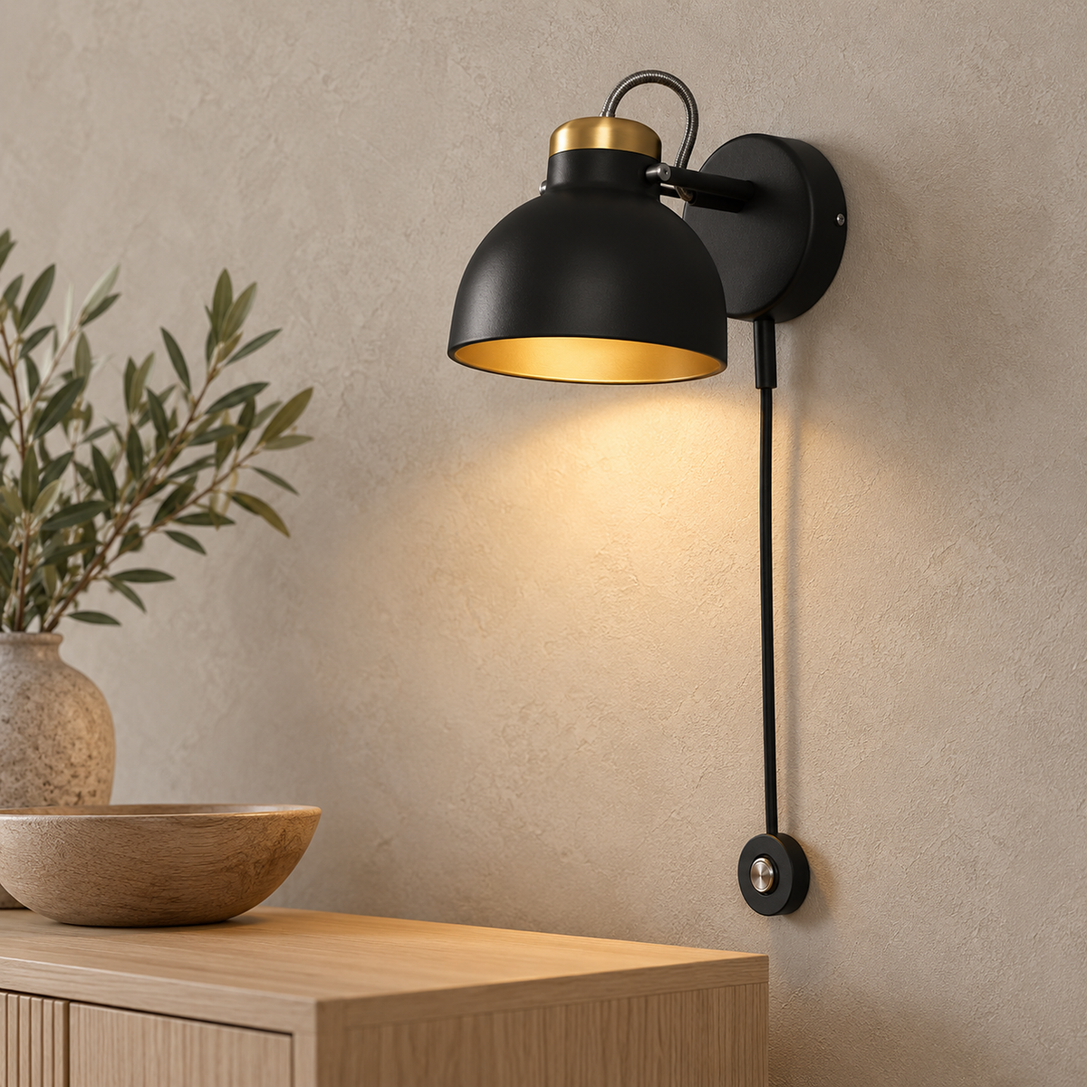Miralote black wall lamp detail of the 10 cm backplate and the hanging control wire