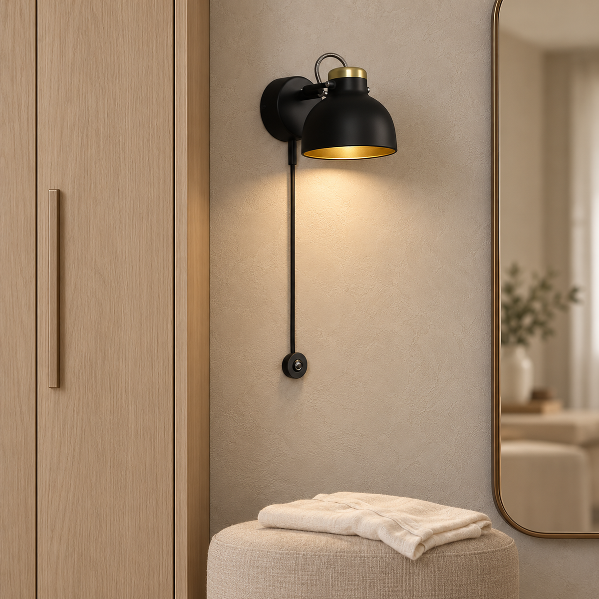 Miralote black wall light glowing on a narrow dressing room wall in daylight