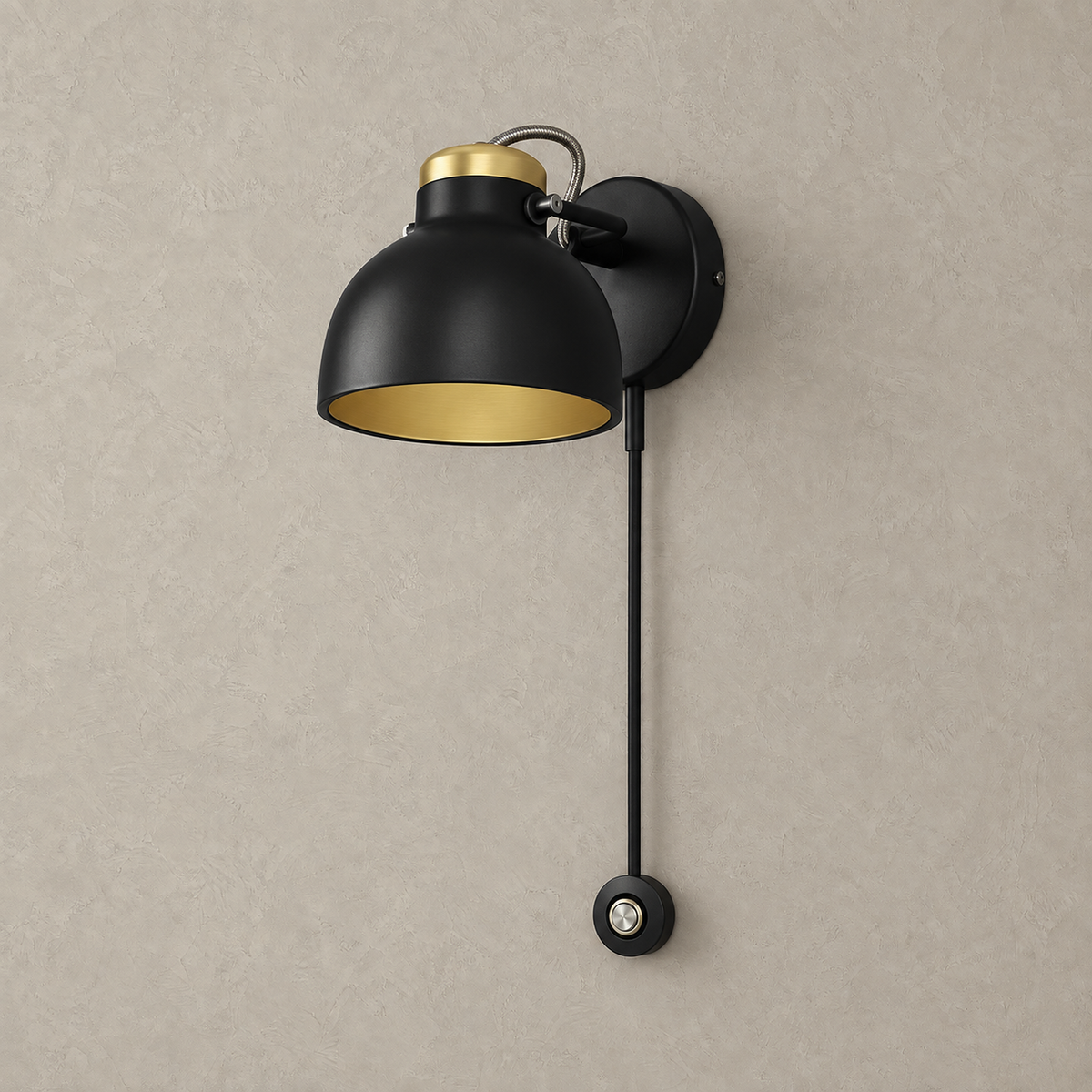 Miralote black wall sconce unlit on a plain background with its hanging touch control