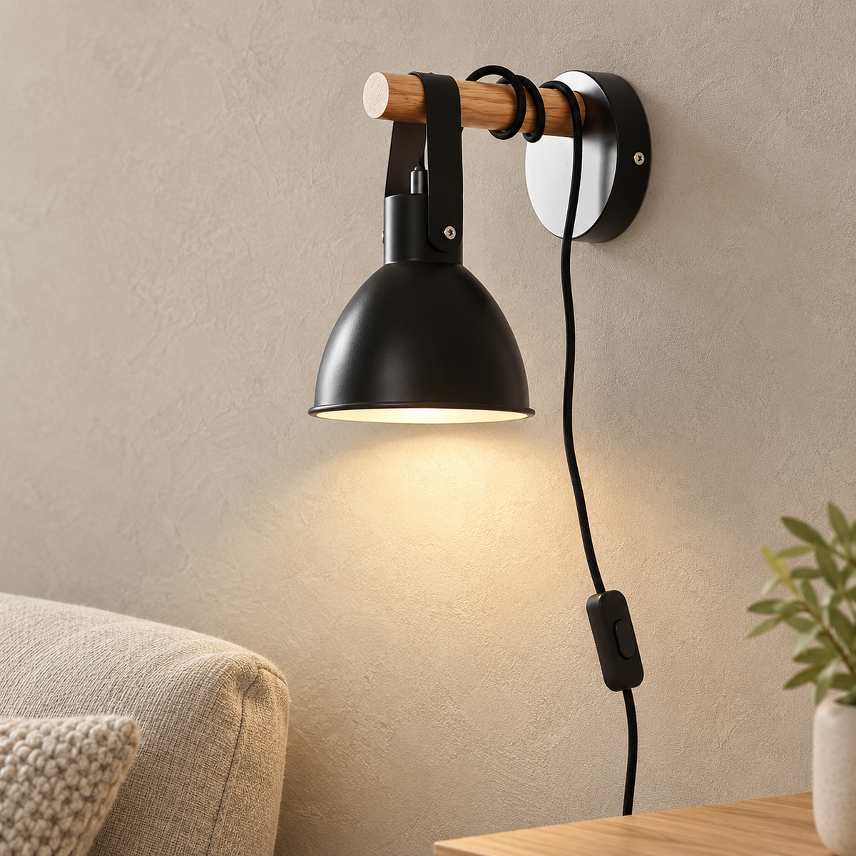 Mirotel black plug in wall light glowing beside cropped seating and a tabletop in a library alcove