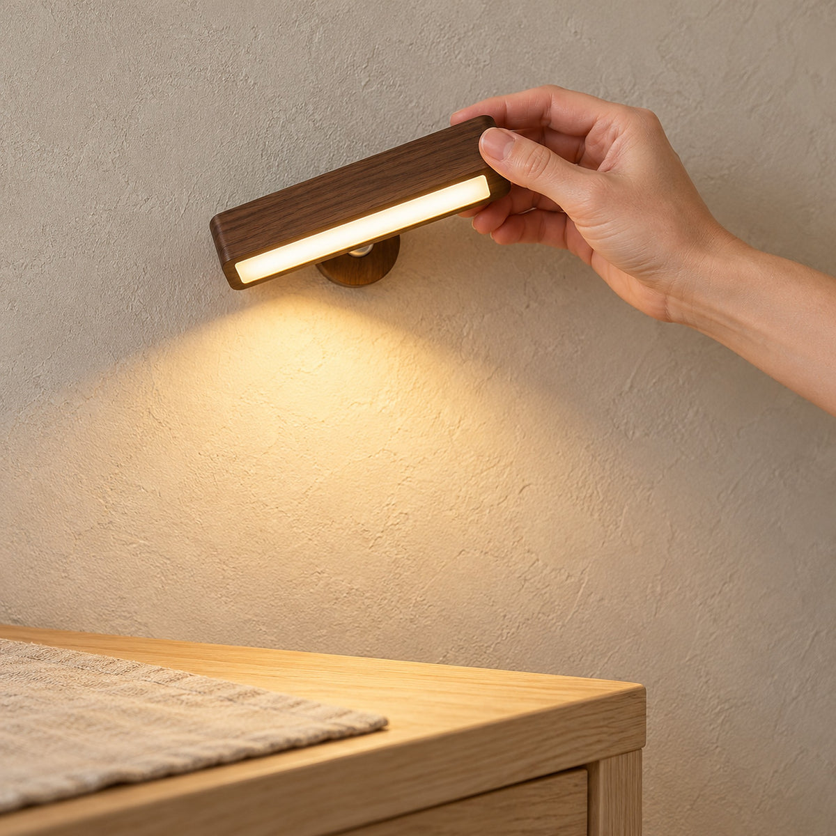 Mirsavel dark brown battery operated wall sconce switched on in a bright dining room by day #color_dark brown