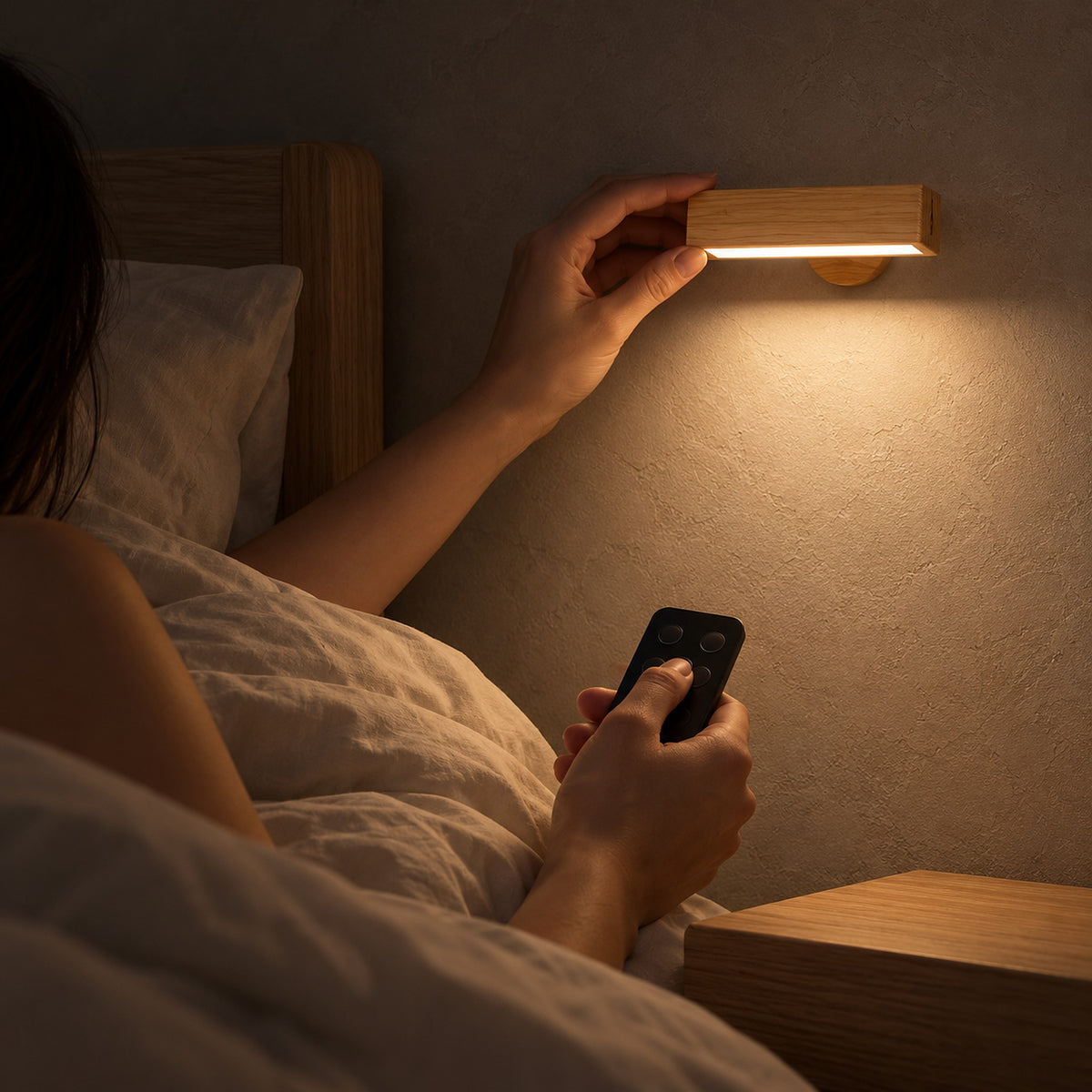 Mirsavel natural bedside wall light switched on by remote from bed at night