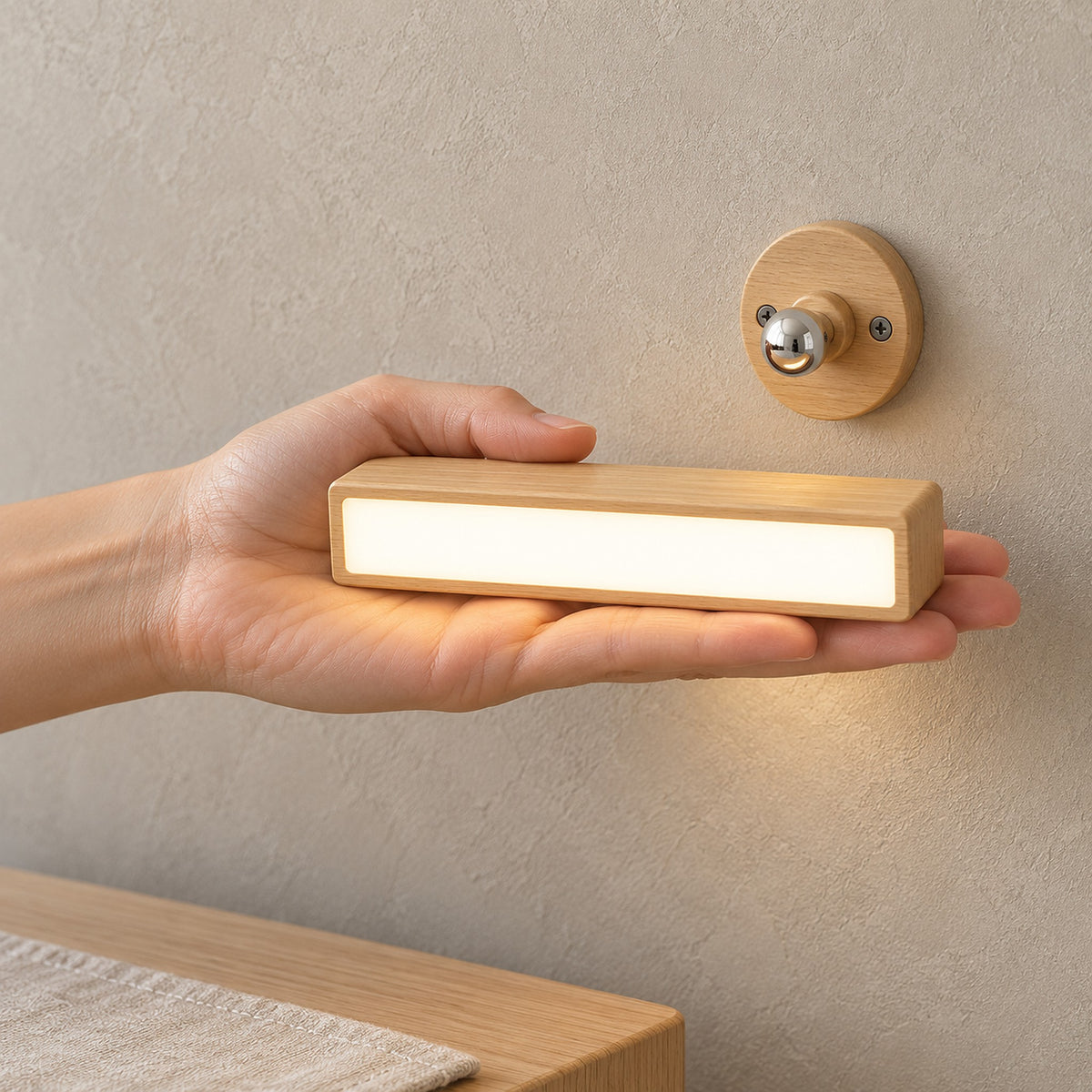 Mirsavel natural cordless wall lamp held in one hand, lifted clear of its magnetic base
